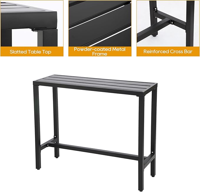 Outdoor Patio Bar Set, Bar Height Patio Dining Set, Weather-Resistant Bistro Counter Pub Set with Cushions & Slatted Tabletop for Backyard, Garden, Yard (47" Table, 2 "X Style Stool, Black)