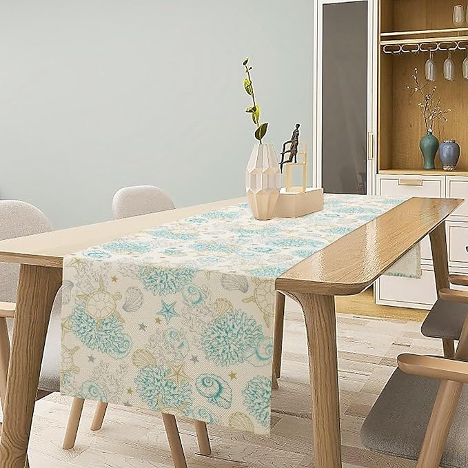 Ocean Coastal Table Runner, Nautical Summer Beach Coral Sea Turtle Table Runner for Kitchen Coffee Dining Bedroom Living Room Dinner 13x70in
