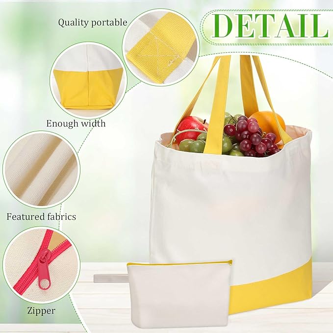 Sanwuta 24 Pcs Canvas Tote Bags Bulk with Zipper Cosmetic Bags 18.5" Cotton Canvas Bag with Handles Reusable Shopping Bags