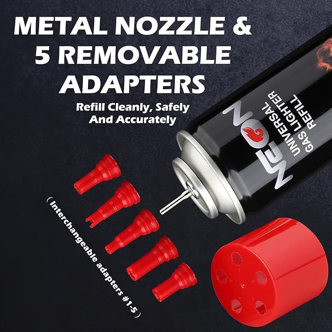 NEON Butane Fuel 300ml, 5X Premium Refined Butane Refill for Torch Lighter, 0 Impurities Lighter Fluid with Metal Nozzle & 5 Butane Gas Refill Adapters for Culinary, Welding, and DIY (2 Cans)