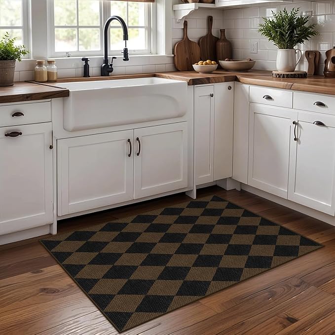 Easy Jute Checkered Entryway Rug, 2x3 Coffee Modern Indoor Outdoor Doormat, Washable Non-Slip Neutral Small Kitchen Rug Farmhouse Diamond Throw Rugs for Entrance Bedroom Bathroom