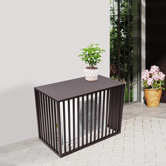 Air Conditioner Fence with Top Cover, 4 Panels 43.3 "L x 23.6 "W x 31.5 "H Privacy Fence Panels for Outside, Freestanding Metal Trash Can Hider Outdoor, No-Dig Air Conditioner Sun Blocker Kit (Brown)