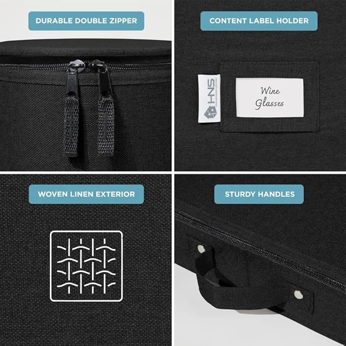 China Storage Hard Shell Containers 8-Piece Set Moving Boxes for Dinnerware, Glasses, Plates, Mugs and Saucers Sturdy Dish Organizer with Dividers for Seasonal Storage - Service for 12 - Black