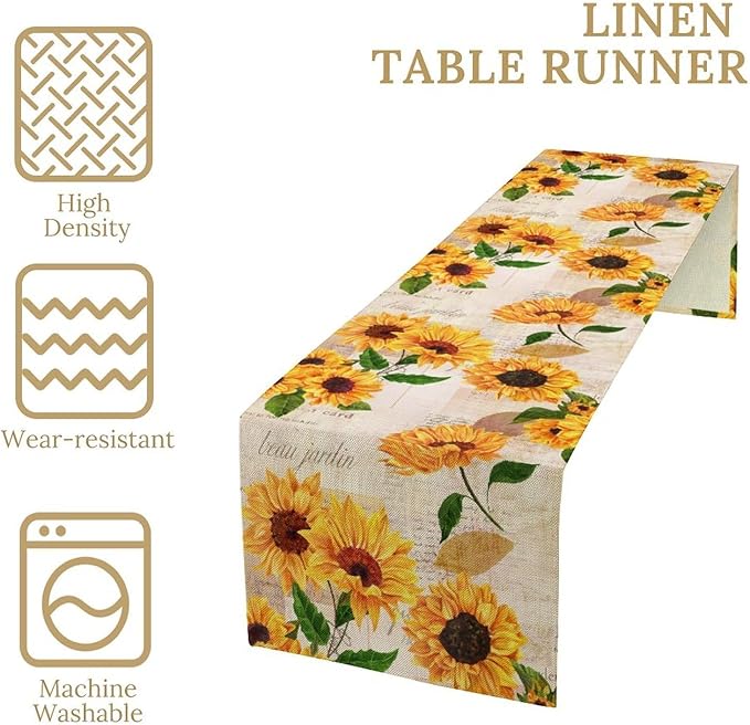 Retro Sunflower Table Runner, Vintage Newspaper Sunflower Blossoms Rustic Farmhouse Flower Table Cover for Kitchen Dinning Party Holidays Decor, 13x60inch
