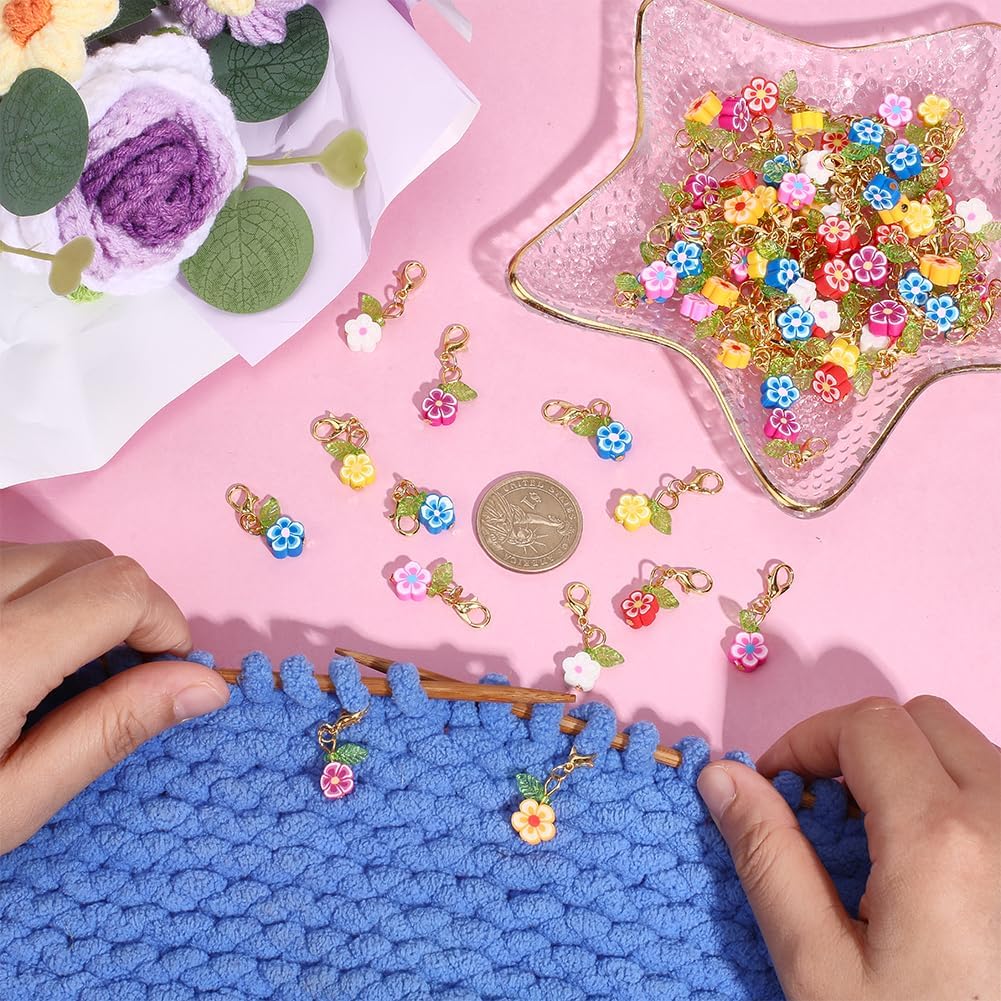 80Pcs Flower Stitch Markers Charms Handmade Polymer Clay Pendant Decorations Alloy Lobster Claw Clasps Charms Knitting Crochet Notions Clip On for Weaving Sewing Bag Ornaments