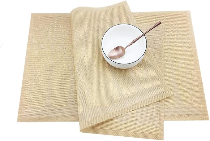 Gugrida Place Mats PVC Set of 6, Table Placemats Set of 6 PVC Washable Woven Vinyl Place Mats Heat Insulation Top Meal Mat Table Mats Natural Color (6 pcs, Gold Tree), 18 x 12 inch