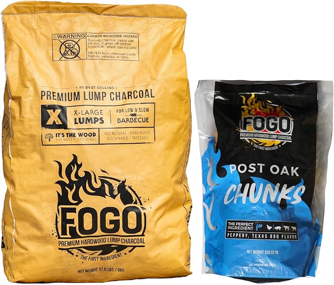 FOGO Premium Lump Charcoal 17.6 Pound Bag, Extra Large Sized Lump Charcoal for Low and Slow Barbecue, and Post Oak Wood Chunks 3.85 lb Bag