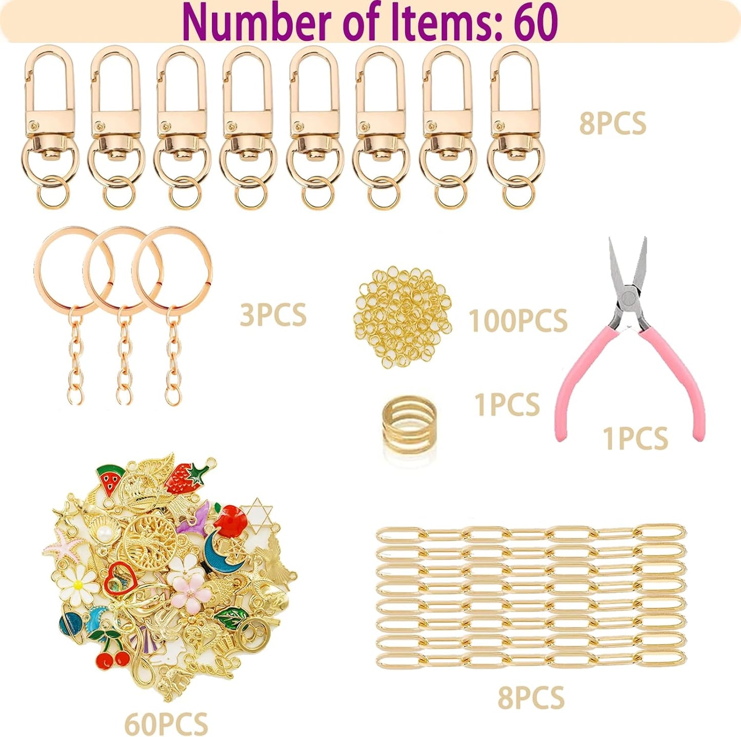 MORWLAT 281 PCS Gold DIY Keychain Making Kit Cute Bag Charm Kit 60 Charms 8 Keychain Clips with Key Ring Swivel Snap Hook Lobster Claw Clasps 200 Jump Ring Jewelry Plier DIY Set Women Craft (60)
