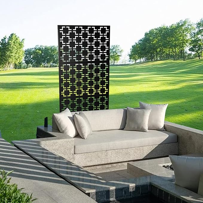 Outdoor Metal Privacy Screen with Stand, 35.4" W x 75" H Freestanding Metal Slatted Decorative Privacy Screen and Panels for Patio Garden Balcony Porch (Black B)
