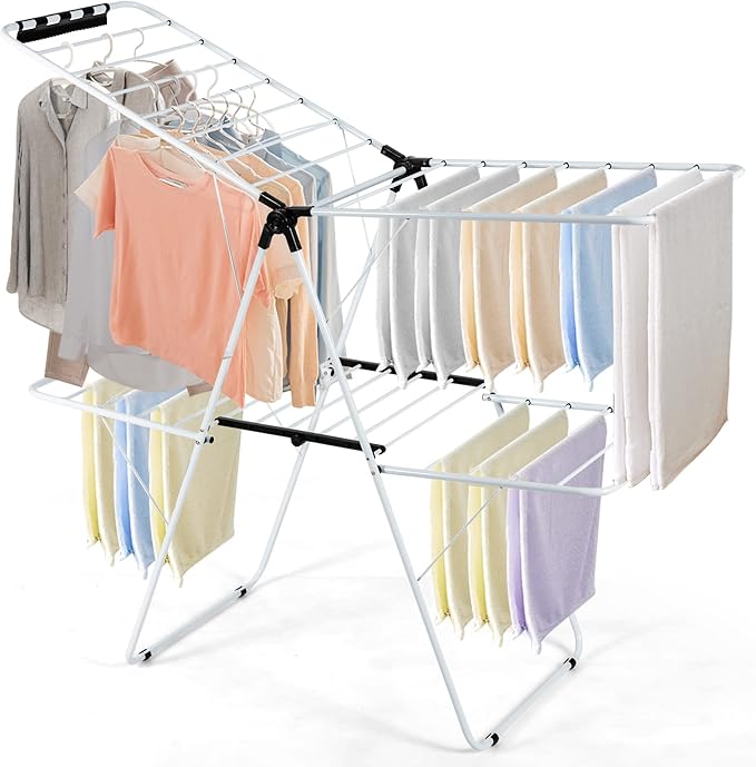 GOFLAME 2-Tier Clothes Drying Rack, Folding Laundry Dry Rack with Adjustable Supporting Bar, 26 Premium Clips, Space-Saving & Collapsible Laundry Hanger for Easy Storage, No Assembly Needed