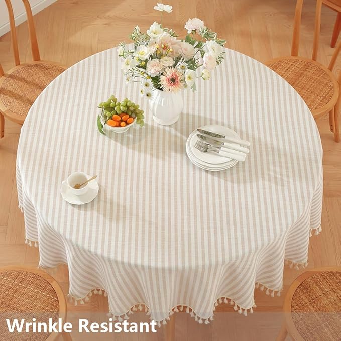 TruDelve Small Round Table Cloth 60 Inch Beige Striped Cloth Tablecloth Boho Fall Round Tablecloths for Outdoor Table Cover (Beige,60",Round)