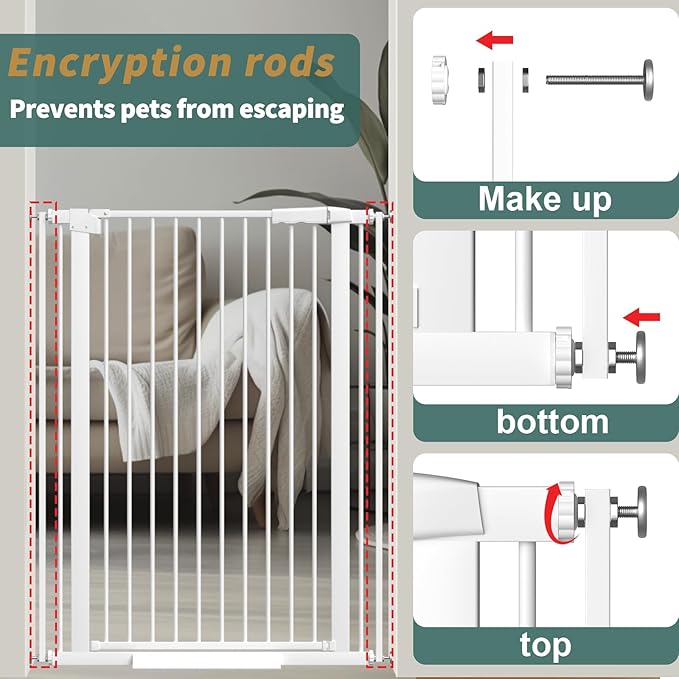 40.55" Tall 1.37" Ultra Narrow Spacing Dogs Pets Baby Gate for Doorway Hallway Safety Proof Indoor 30.11-34.05" Extra Wide Puppy Pressure Mounted No Drill Walk Through White Metal