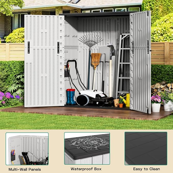 KINYING Outdoor Vertical Storage Shed,57 Cu.ft Outdoor Storage Cabinet Waterproof,Resin Sheds & Outdoor Storage Clearance for Garden,Patio,Backyard,Lockable (Grey)