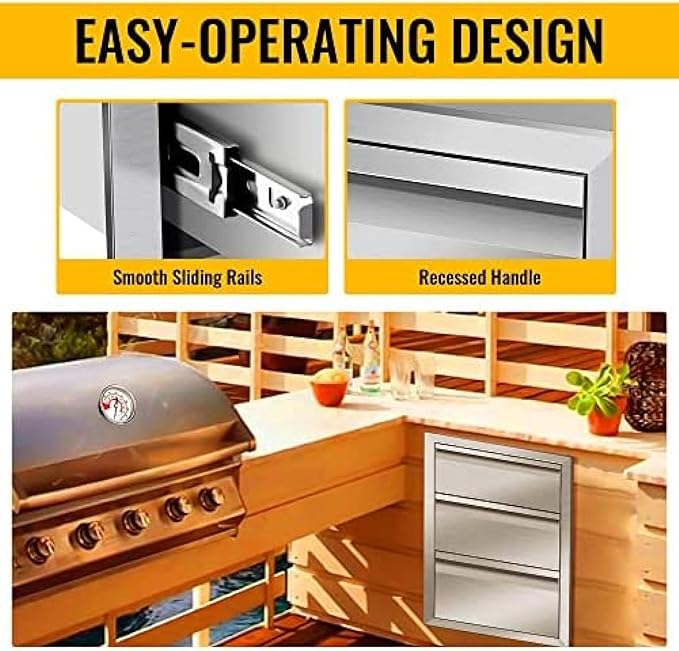 Outdoor Kitchen Drawers, Box Frame Style Flush Mount BBQ Drawer w/Stainless Steel Handle, BBQ Island Drawers For Patio Grill Station,Three Drawers