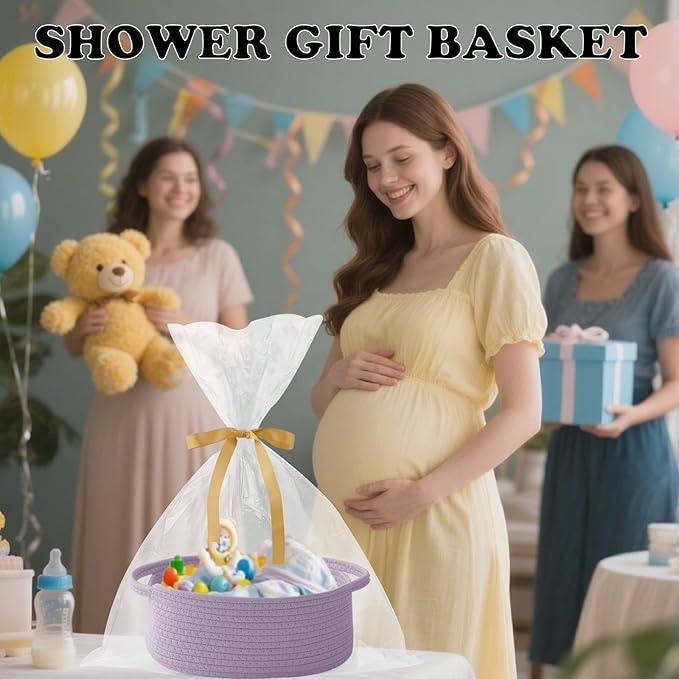Gift Basket with Gift Bag and Ribbons,Small Rope Woven Shelf Storage,Baskets for Gifts Empty,Birthday,Baby Shower,Decorative Organizer Box with Handles(Purple)