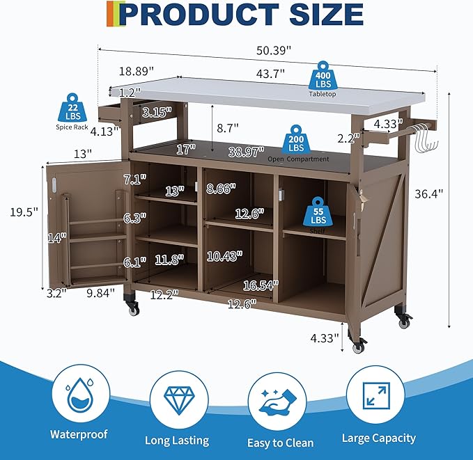 Garvee Outdoor Grill Cart with Storage, Outdoor Bar Cart Rolling BBQ Movable Pizza Oven Table Stand, Kitchen Island Carts with Stainless Steel Top, Spice Rack, Towel Rack & Storage Cabinet, Coffee