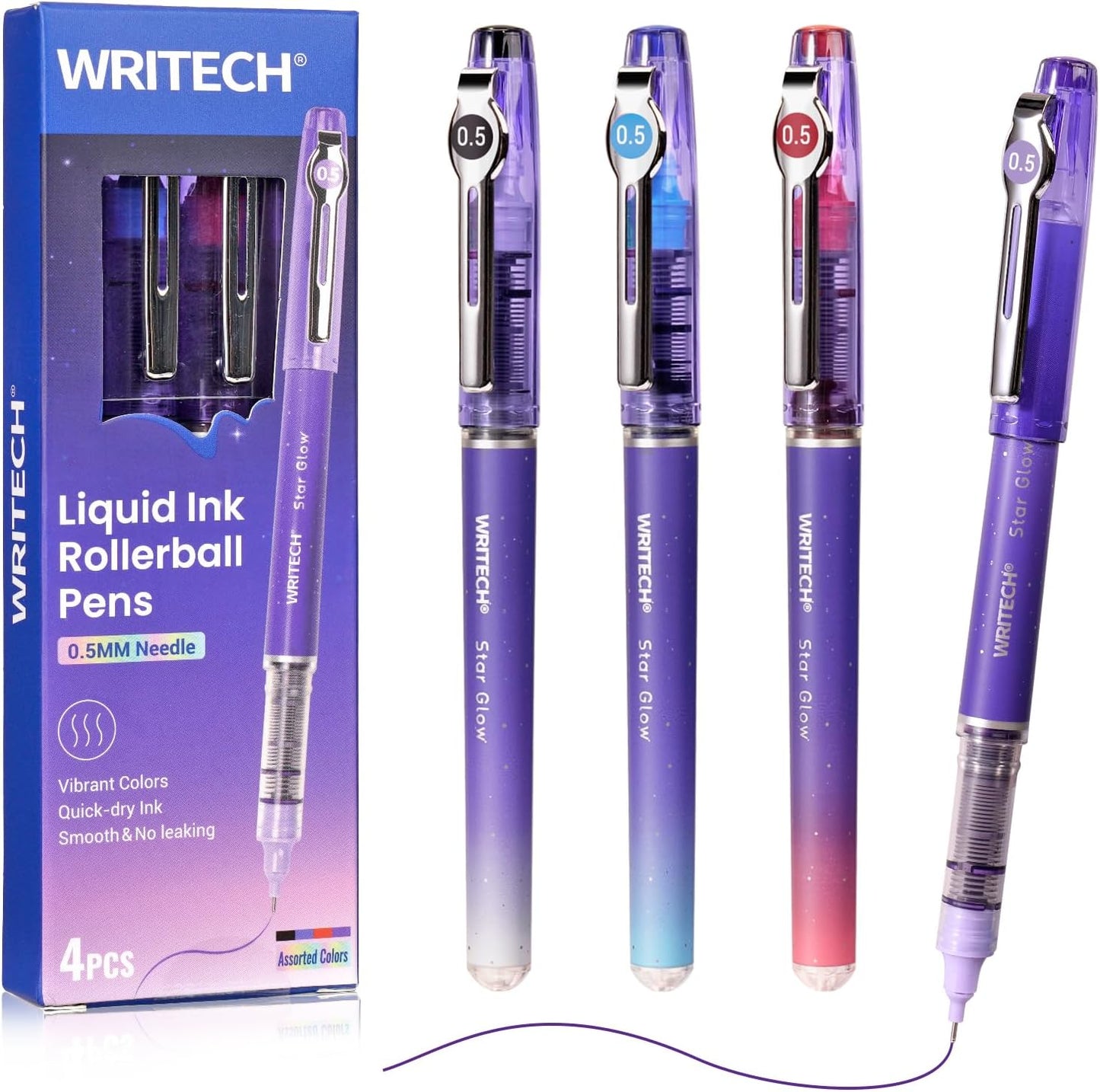 WRITECH Liquid Ink Rollerball Pens: 0.5mm Assorted Color Ink Fine Point Tip Rolling Roller Ball Pen Multicolor No Bleed & Smudge for Journaling Smooth Writing Drawing 4ct