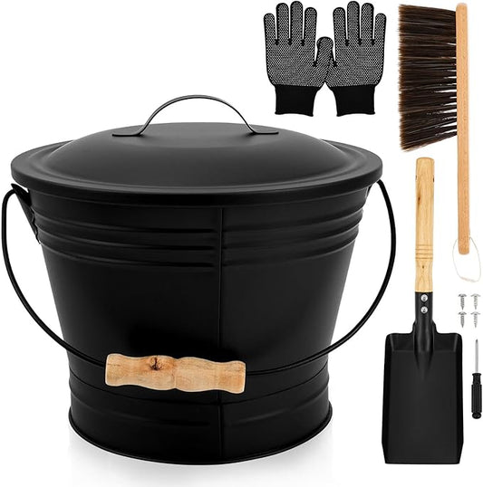 1.5 Gallon Ash Bucket with Lid and Shovel Broom Metal, Fireplace Ash Bucket, Complete Fireplace Tools Set for Fire Pit Grill Black(4 Pcs Set)