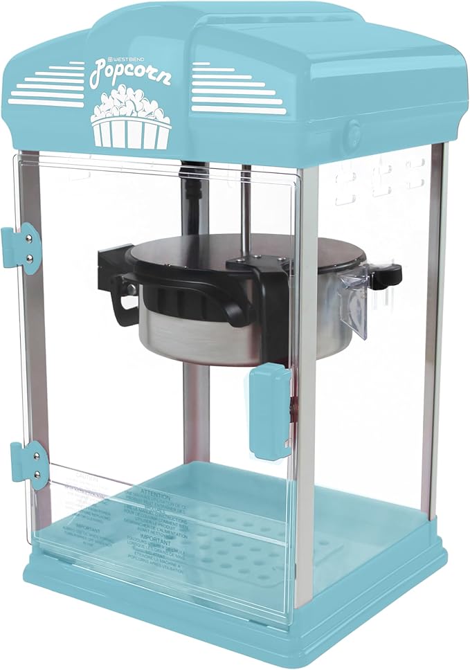 West Bend Stir Crazy Movie Theater Popcorn Popper, Gourmet Popcorn Maker Machine with Nonstick Popcorn Kettle, Measuring Tool and Popcorn Scoop for Popcorn Machine, 4 Qt., Blue