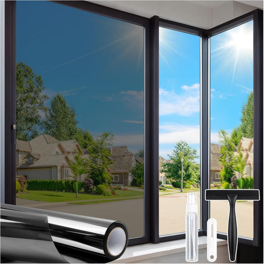 Homein One Way Privacy Window Film with Tool Window Tint for Home See Out Not in Heat Control Sun Blocking Mirror Reflective Anti UV Covering Static Cling No Glue Black-Sliver 23.6 x 157.4 inch