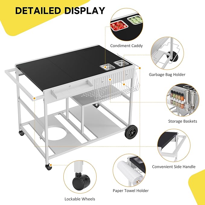 JY QAQA Outdoor Pizza Oven Stand with Condiment Shelf, Outdoor Cooking Cart, Grill Worktable for Patio, Food Prep Station Fits Ninja Woodfire Grill, Cuisinart Grill, Blackstone Griddle