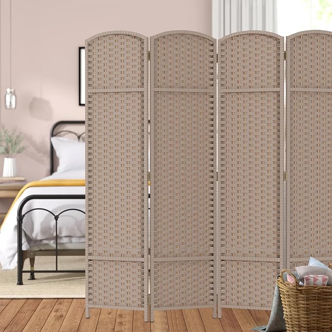 Room Divider 4 Panel Screen 5.6 Ft Tall Partition Room Dividers Beige Privacy Screens Folding Room Separation Free Standing Waterproof Wood Frame Wall Divider