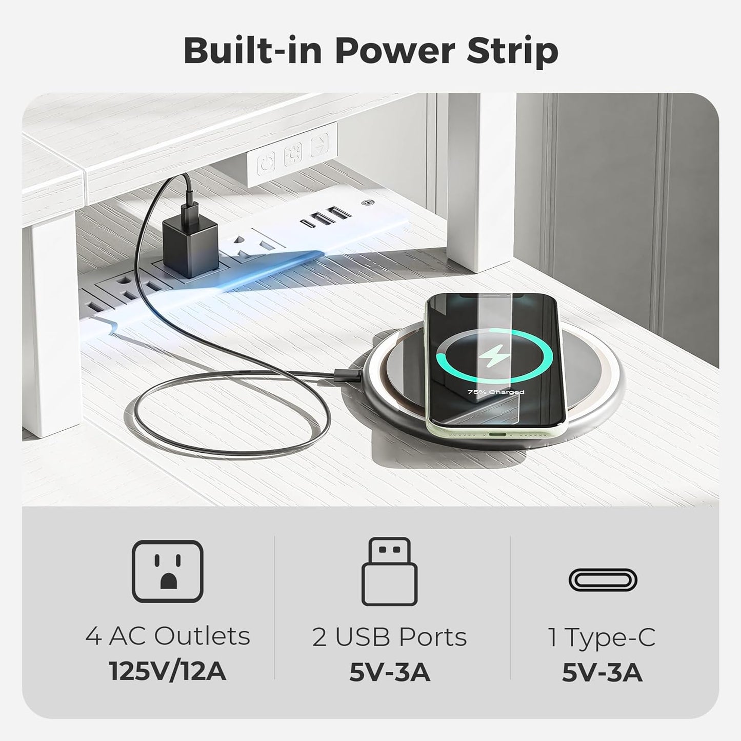 SUPERJARE 47 inch Reversible L Shaped Desk with LED Lights & Power Outlets, Computer Desk with Shelves & Monitor Stand, Gaming Desk with Drawer, Home Office Desk Corner Desk, PU White Drawer