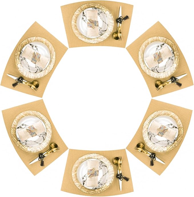 Faux Leather Placemats, Heat Resistant PU Table Mats Set of 6, Waterproof Oil-Proof Wipeable Reversible Place Mats for Kitchen Dining Table, Easy to Clean (Gold, Round Table)