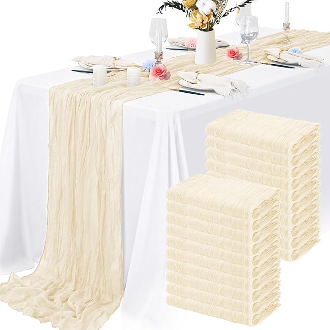 20 Packs Cheesecloth Table Runner 10FT Long Boho Gauze Fabric Table Runner Vintage Rustic Sheer Runners for Wedding Party Bridal Baby Shower Table Decorations (Ivory )