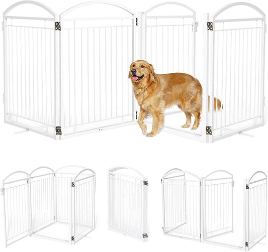 Full Metal Free Standing Dog Gate with Door for Outdoor Indoor,96'' Extra Wide 32'' Tall Dog Gates for Doorways,Large Openings,Decks,Porch,Freestanding Portable Pet Fence(4 Panels,Black)