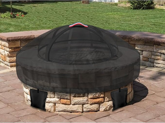 Outdoor Round Built in Stone Fire Pit Cover,Heavy Duty 600D Waterproof Cover for 50In-57In Fire Pit with Spark Screen,All-Weather Protection Round Fire Pit Cover for In Ground Brick Fire Pit,Black