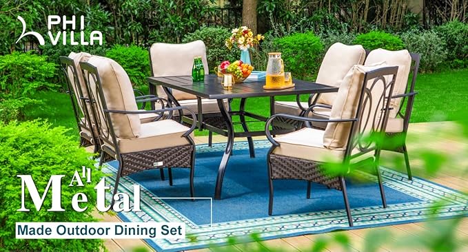 PHI VILLA Outdoor Dining Chairs Set of 4, Heavy Duty Outdoor Metal Wicker Dining Chair with Thickened Cushions, Large All Weather Wrought Iron Patio Chair for Balcony