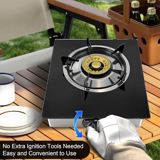 Single Burner Propane Stove, Portable Tempered Glass Camping Stove Propane with Auto-Ignition, 10236 BTU Burners for Cooking, Outdoor, Camping, RV & Emergency Use