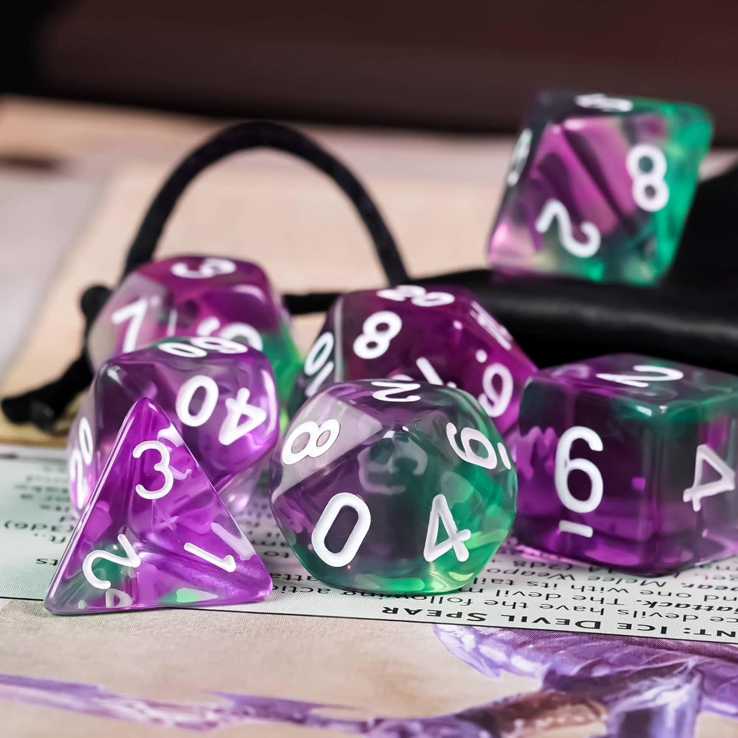 7-Die DND Dice Set Polyhedral Dice Set with a Leather Dice Bag, D&D Dice Set for Dungeons and Dragons, RPG, MTG Table Games (T/Purple Green)