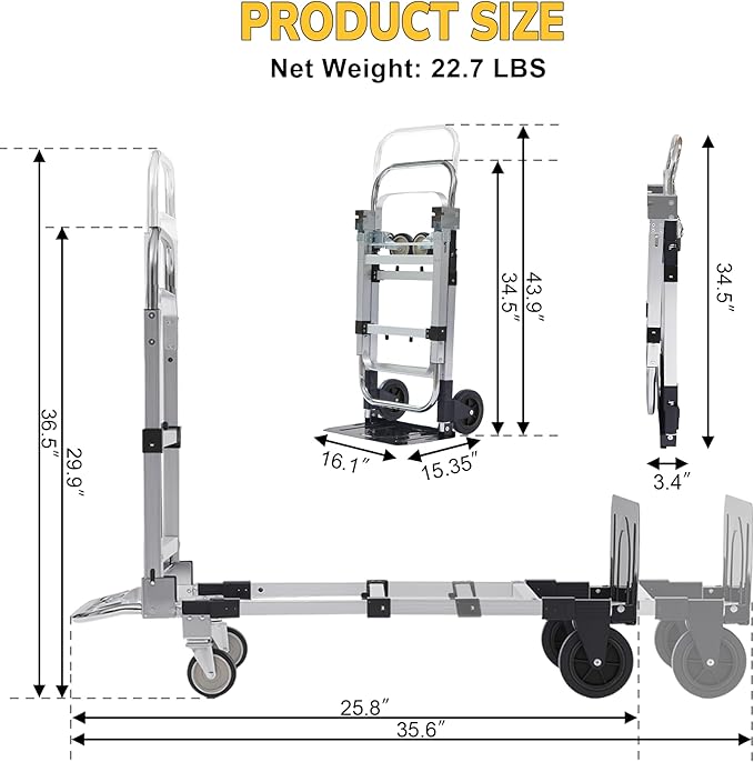 Upgraded 3 in 1 Aluminum Folding Hand Truck, 600lbs Capacity, Heavy Duty Convertible Dolly with Retractable Handle and 4 Rubber Wheels, Collapsible Cart for Moving Home, Office, Warehouse (Black)