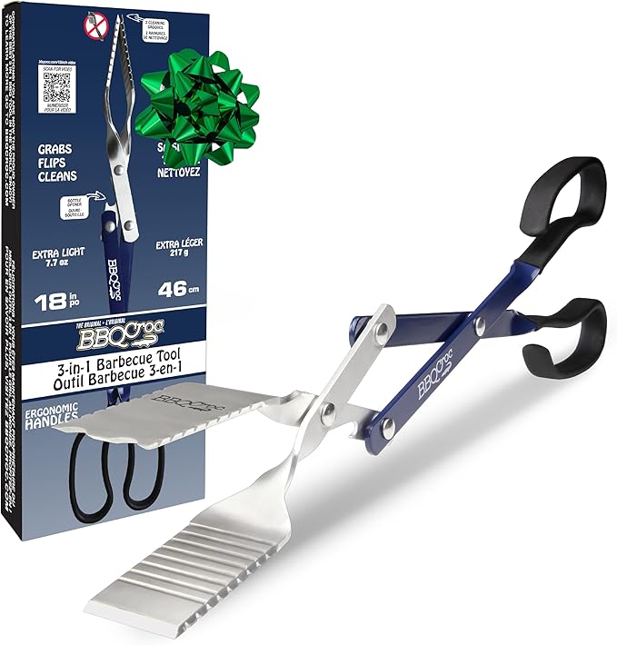 3 in 1 Barbecue Tool 18-inch by BBQ Croc - Light and Long Tongs, Spatula and Grill Scraper (Blue) (18 inch Without Flashlight)