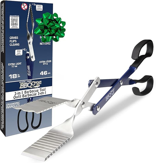 3 in 1 Barbecue Tool 18-inch by BBQ Croc - Light and Long Tongs, Spatula and Grill Scraper (Blue) (18 inch Without Flashlight)