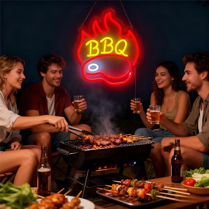 BBQ Neon Signs for Backdrop wall decor，Dimmable USB Powered,Barbecue Neon Light Up Home Party restaurant Grill Beer Bar Decoration Lights, Bright LED bbq sign (14.8"*12.2"in)