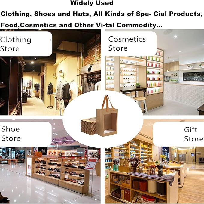 24 Pcs Brown Paper Gift Bags with Transparent Window, 9.84"x7.0"x5.12" Kraft Shopping Bags with Handles for Bouquet Christmas Birthdays Festivals Party Weddings Wrapping