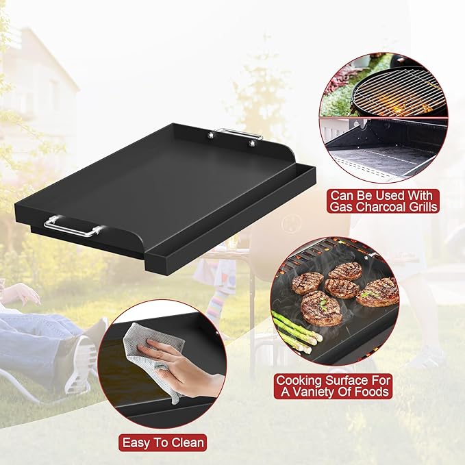 17" x 13" Universal Nonstick Griddle for Gas Grill, Carbon Steel Griddle Plate for BBQ Gas/Charcoal/Gas Stove, Flat Top Plate Grill with Removable Handles for Weber, Charbroil Grills
