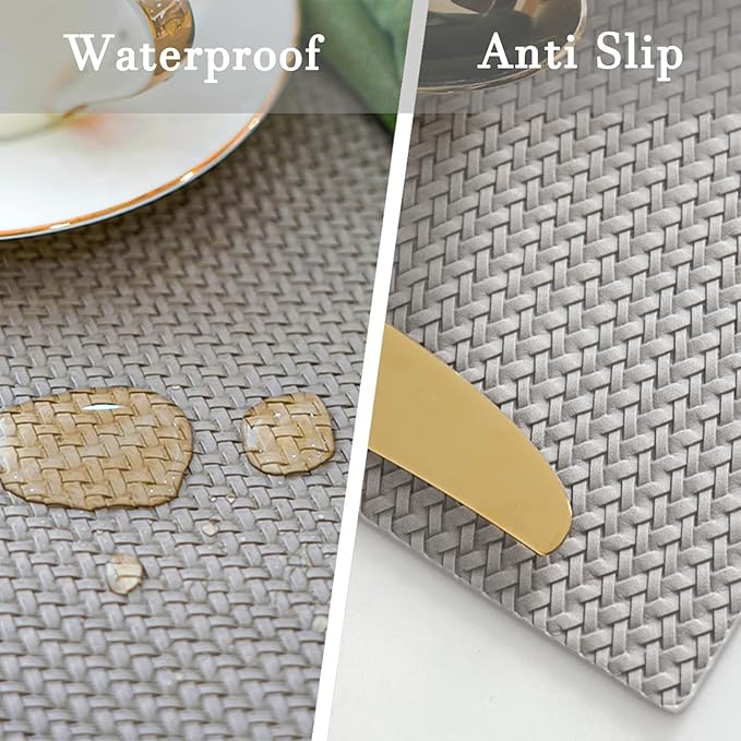 Faux Leather Placemats Set of 6, PU Heat Resistant Dining Table Mats, Waterproof Wipeable Non-Slip Place Mats for Kitchen Dining Table Decoration, Grey