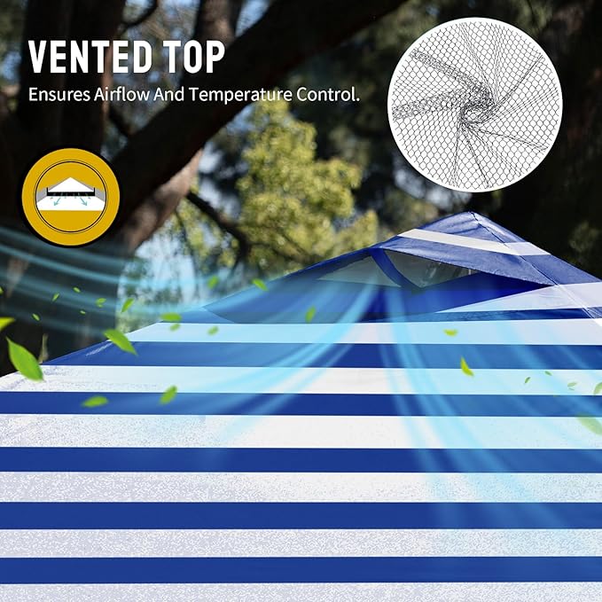 CROWN SHADES 10x10 Pop Up Canopy - Beach Tent with One Push Setup - Outdoor Sun Shade for Events, Parties, Camping - STO-N-Go Cover Bag, Silver Coated Top, 3 Height& 4 Sand Bags, Navy Blue Stripes
