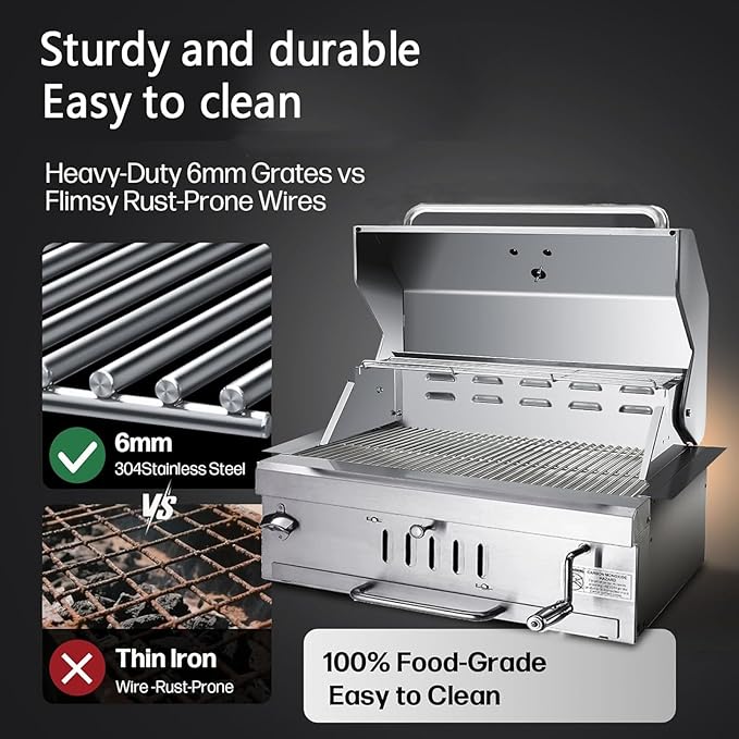 Large Charcoal BBQ Grills, Built in Barbecue Grill with Liftable Tray, Insulated Hood & Temp Gauge, Silver Stainless Steel BBQ Barrel Grill for Outdoor Kitchen Cooking Family Parties Patio Park Style