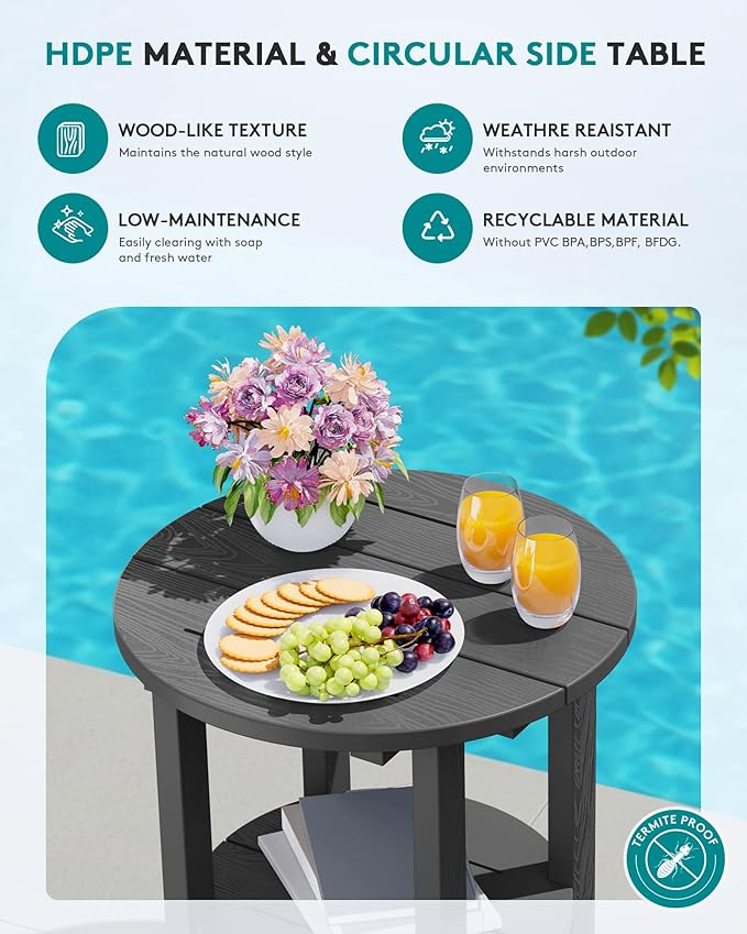 SERWALL Round Outdoor Side Table, HDPE Small Adirondack End Table,2-Tier Patio Side Table for Backyard Pool Porch Garden Lawn, Gray