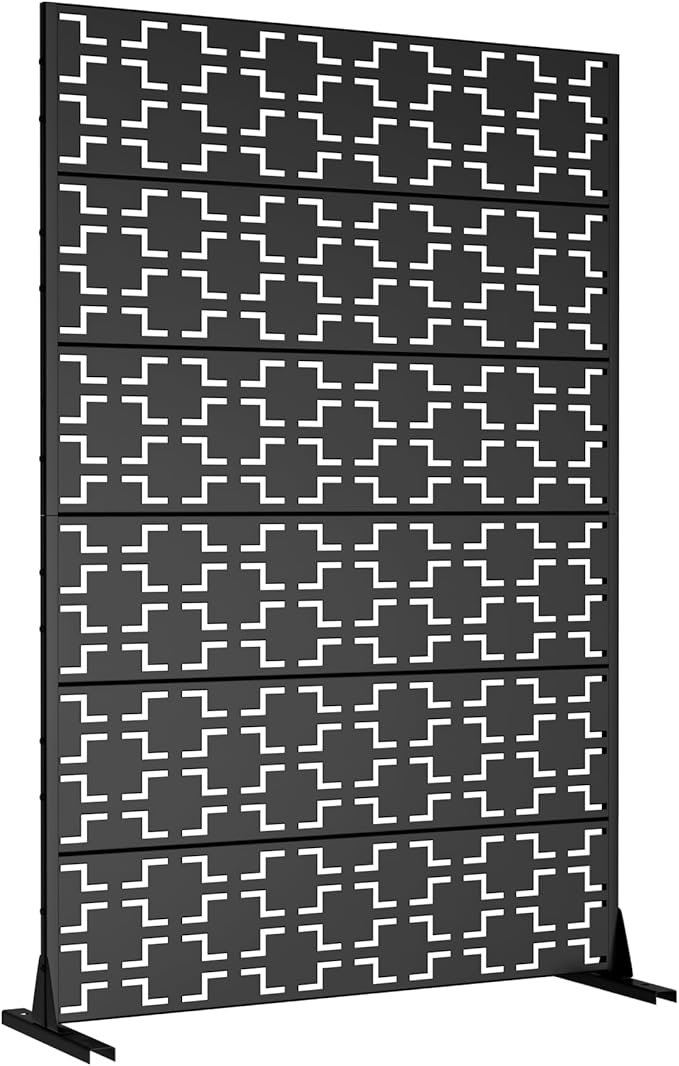 Casaphoria Metal Privacy Screen Outdoor, 72" H x 47" W Freestanding Decorative Privacy Screen for Patio Deck Balcony Garden with Stable Base, Black-Brick