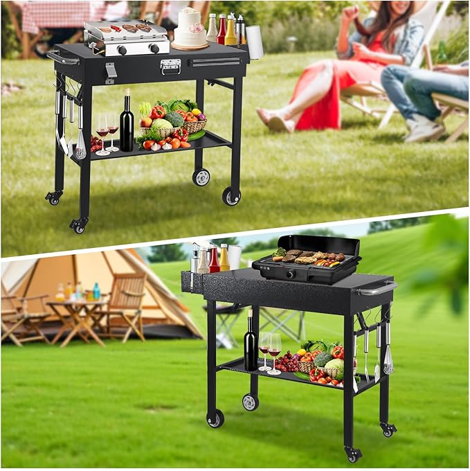 Portable Grill Cart for Blackstone Griddle with Lock, Shelves & Caddy - Fits 17 or 22 Inch Grills, Foldable Outdoor Cooking Stand for Outdoor Tailgate and Camping, Black