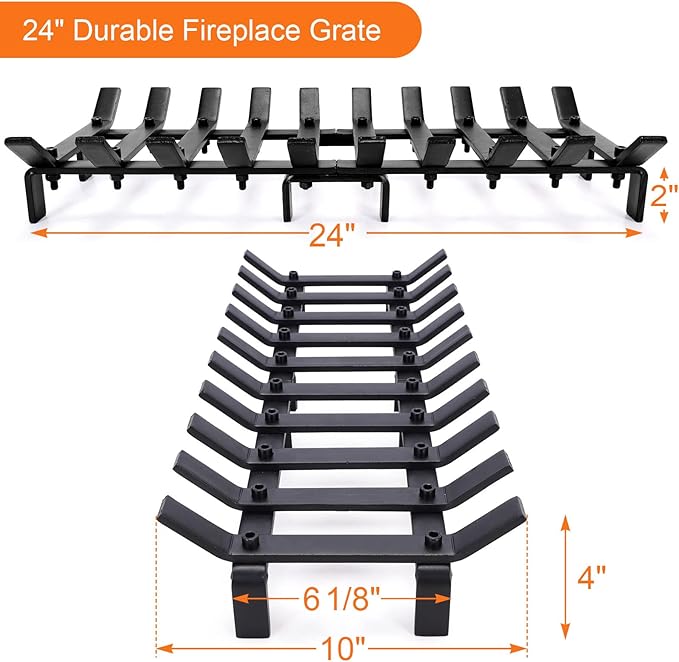 24" Fireplace Grate Wood Stove Grate Rack Fireplace Tools Rack Heavy Duty Solid Steel 10-Bars Log in Holder Easy Assembly Fire Grate for Indoor Hearth Outdoor Firepit Matt Black