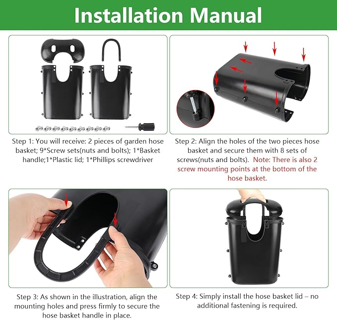 Riokko Garden Hose Holder Bucket, Hose Storage, Water Hose Storage for Outside, Hose Box Fits 25FT Heavy Duty/100FT Expandable/50FT Flat/50FT Stainless Steel Hoses, Hanging Handle & Drain Hole Design