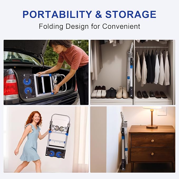 Upgraded 3 in 1 Aluminum Folding Hand Truck, 600lbs Capacity, Heavy Duty Convertible Dolly with Retractable Handle and 4 Rubber Wheels, Collapsible Cart for Moving Home, Office, Warehouse (Blue)