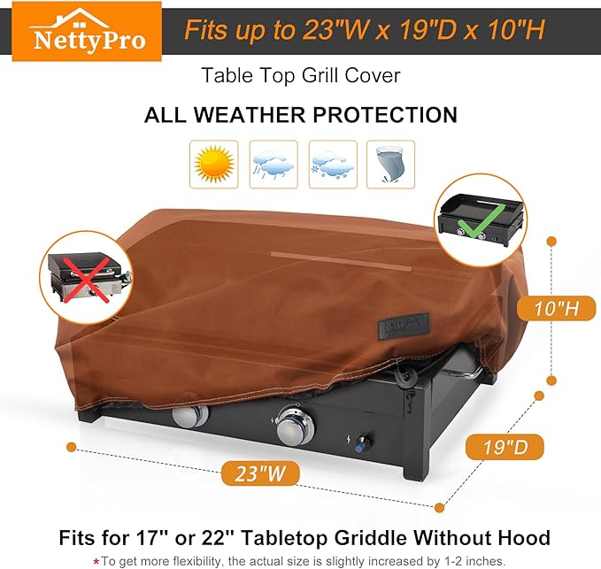 NettyPro Griddle Cover for 22 Inch 17 Inch Tabletop Griddle, Waterproof Heavy Duty Portable Table Top 2-Burner Propane Grill Cover for Cuisinart, Monument, Pit Boss, Royal Gourmet, Brown